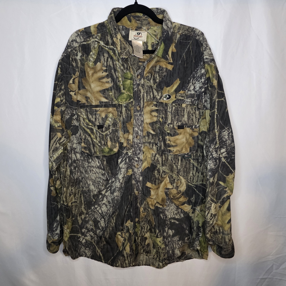 Mossy Oak Hunting Green Brown Camo Nylon Button Up Shirt Jacket Mesh Airflow Xl